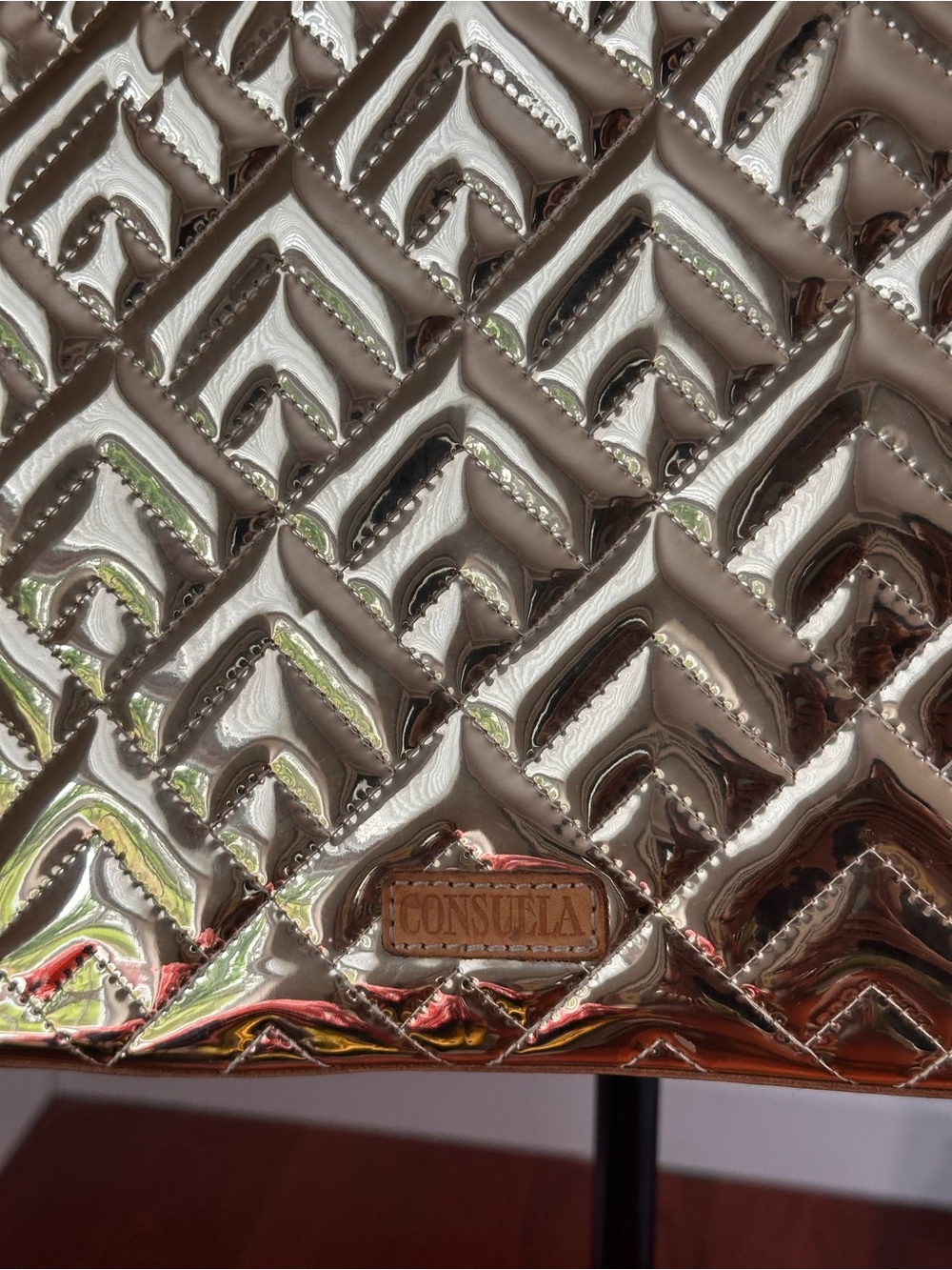 Consuela Metallic Quilted Crossbody Bag in Gold with Blue-Striped Strap - Picture 2 of 8